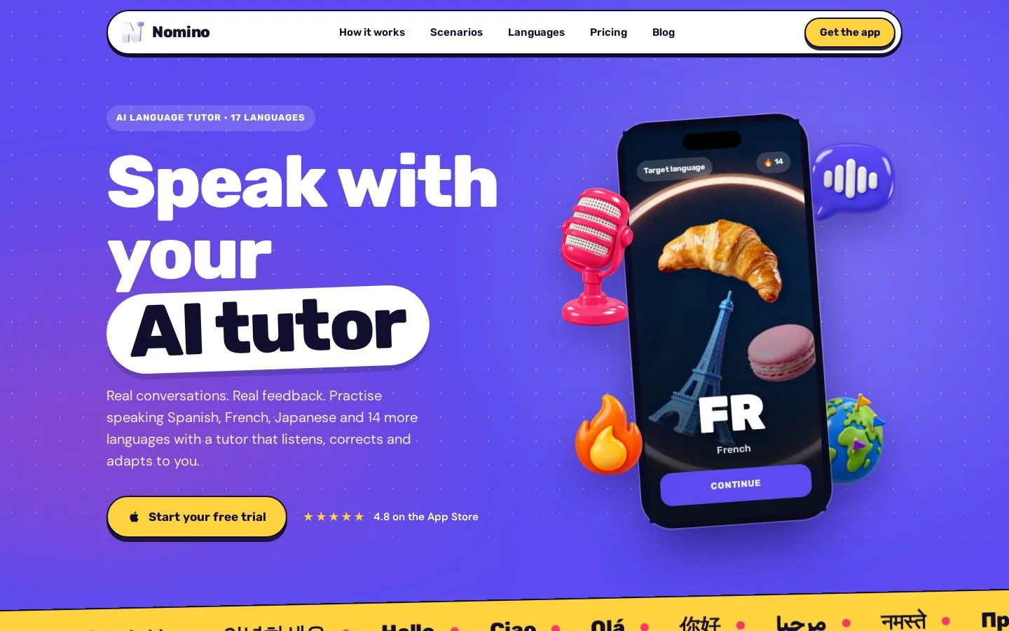 The Nomino website, with the headline Speak with your AI tutor