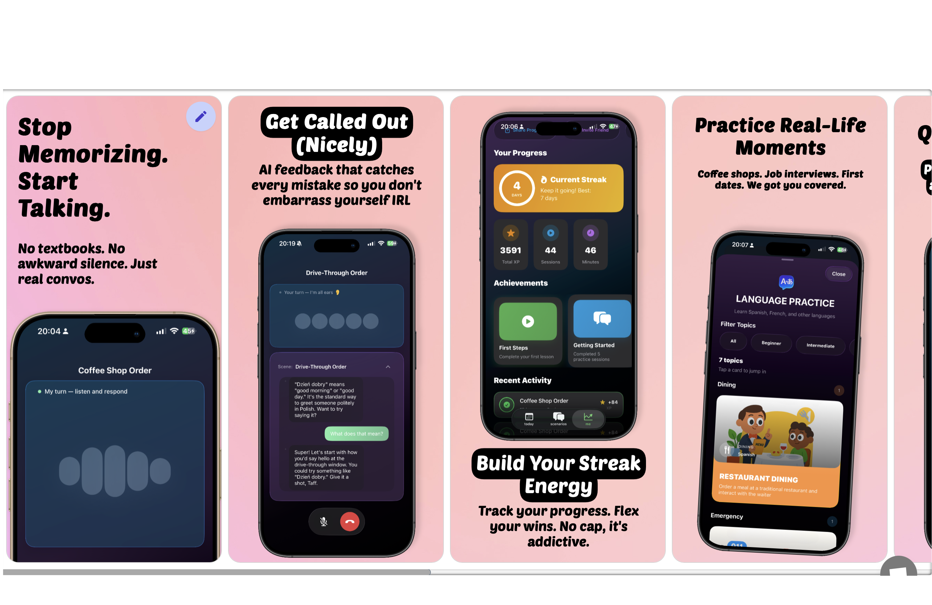 Nomino, an AI language tutor, shown across several iPhone screens