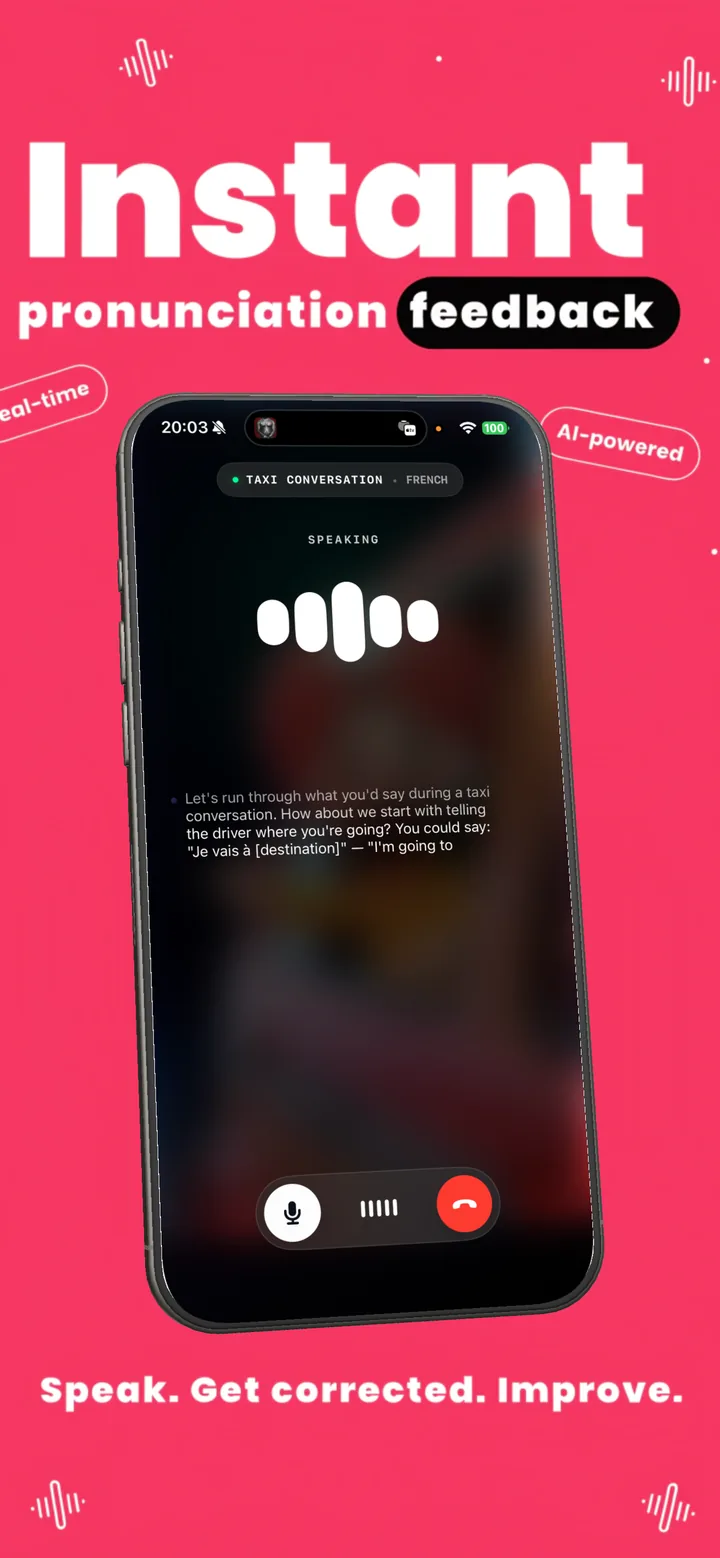 Nomino App Store screenshot: instant pronunciation feedback during a conversation