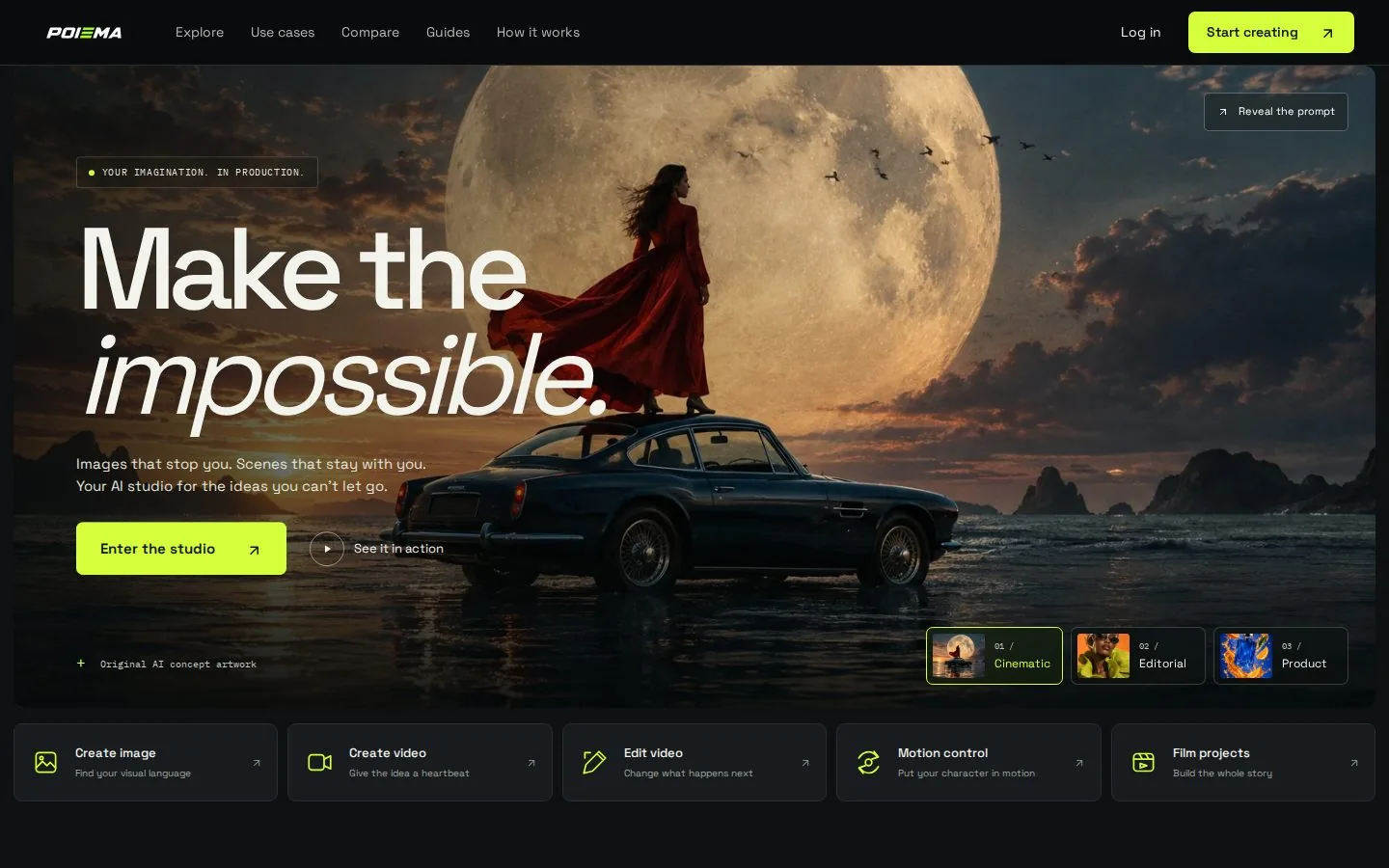 The Poiema homepage: a woman in a red coat on a vintage car under a huge moon, with the headline Make the impossible