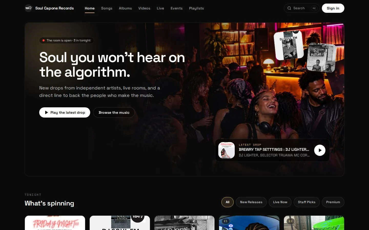 The Soul Capone Records homepage, showing the latest drop and live rooms